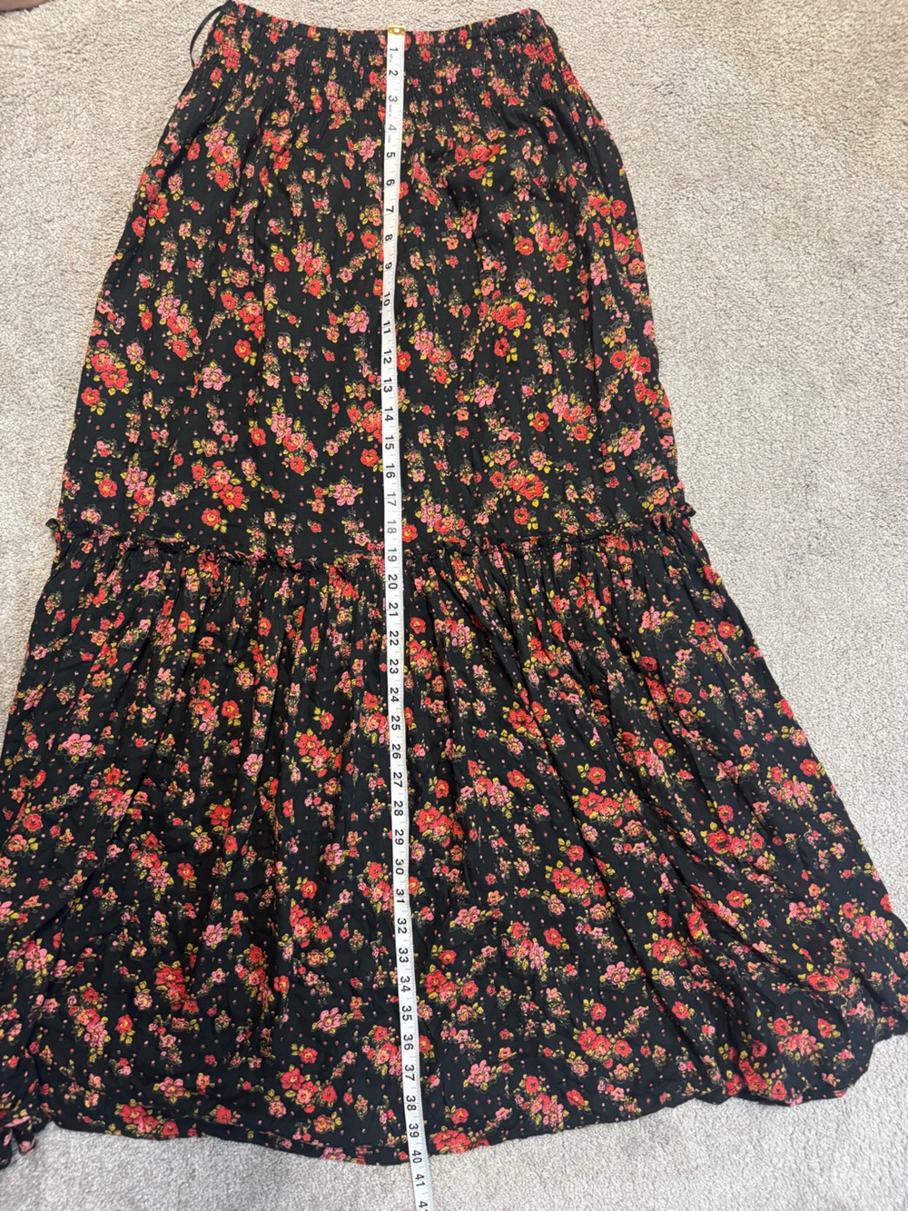 Free People Black Floral Maxi Skirt XS | Boho Tiered Elastic Waist - Picture 7 of 7